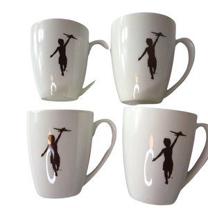Porcelain Storyville Mug Coffee Cup, White Brown Airplane Kid Flyboy Logo Set 4